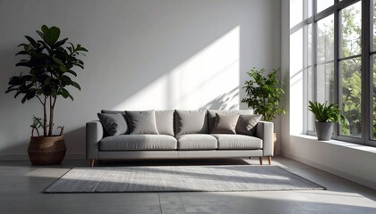 Contemporary Gray Sofa in Bright Minimalist Living Room with Plants