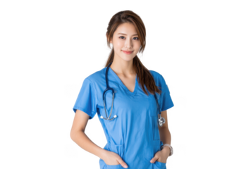 A smiling healthcare professional wearing scrubs and a stethoscope. confidently standing with arms crossed against a plain white background. symbolizing trust and care in the medical field