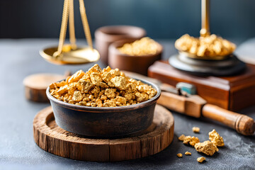 Bowl of raw gold nuggets on wooden plate with vintage balance scale and mining tools in background, precious metal concept
