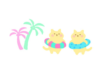 ヤシの木と浮き輪と猫の夏風景　かわいい手描きイラスト