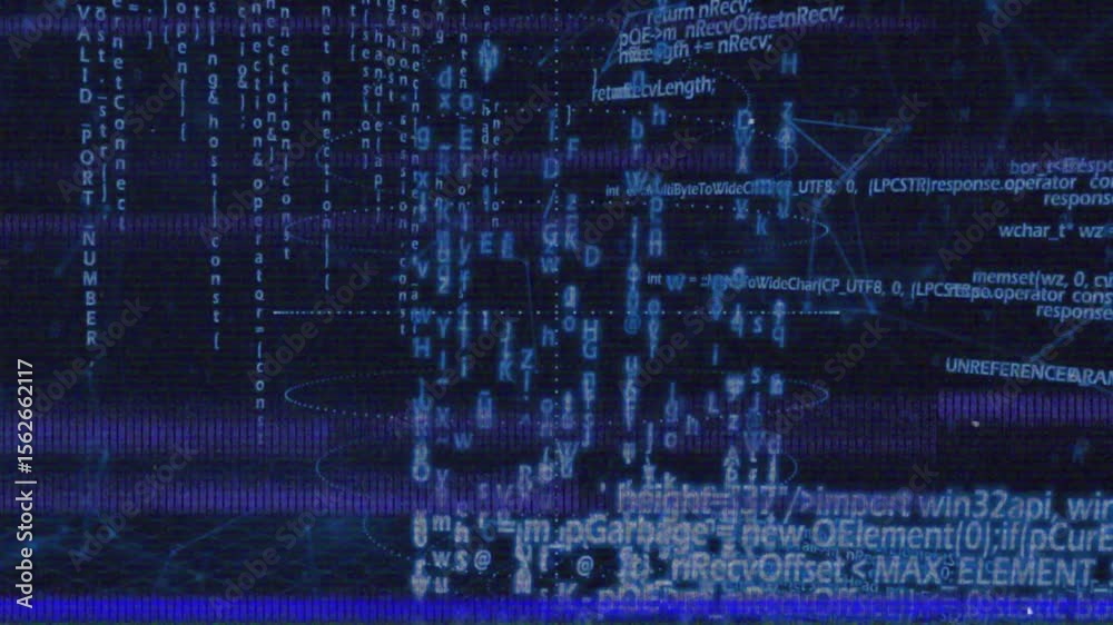 Poster horizontal noise band scrolling across grid starting rotating sphere pulsing visualizing disruption