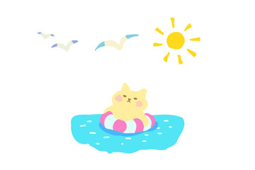 浮き輪に入って海に浮かぶ猫のかわいい手描きイラスト