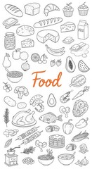 Food doodle drawing with vegetables, fruits, meat and bakery