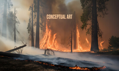Forest Fire with Thick Smoke and Flames Among Trees - Burning Trees with Smoke Rising into the Sky