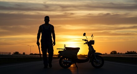 Silhouetted man with a tool stands beside a motor scooter at sunset, a dramatic scene of solitude and journey's beginning.