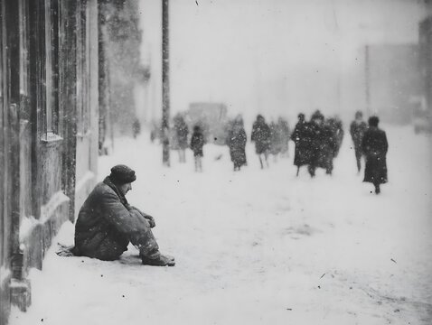 Lonely figure sitting alone on a snowy city sidewalk, with others walking by in blurred motion