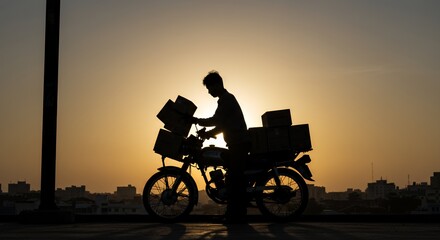 Silhouette of a delivery person on a motorcycle carrying packages at sunset, showcasing urban life's hardworking spirit.