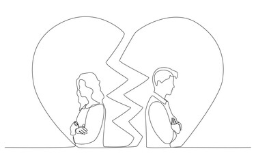 Continuous one line drawing of couple turning their backs on each other in broken heart, relationship breakdown concept, single line art