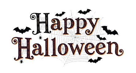 Happy Halloween message with bats and spiderweb on white background