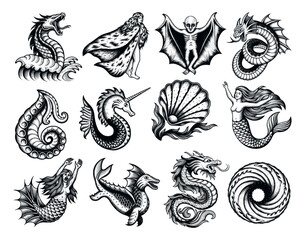 A set of 12 hand-drawn, black and white illustrations featuring dragons, mermaids, sea serpent, unicorn seahorse, bat, and seashell. Ideal for fantasy tattoos, storybooks, posters, and decor.