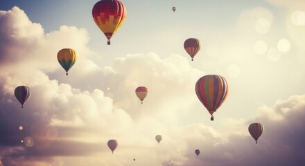 Colorful hot air balloons floating gracefully through a bright cloudy sky during a beautiful day