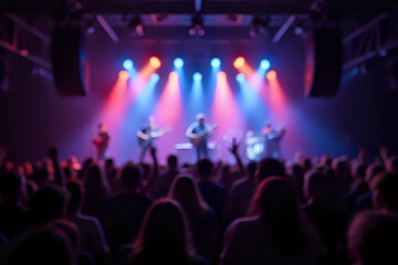Blurred background rock concert with light background, concert in hall at night. people enjoying music performance in hall. musicians on the stage and spotlights with colored rays. concert and crowd.