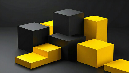 Obraz premium 黒と黄色の幾何学の物体がある空間。3D。立体的なブロックスタイル。Space with black and yellow geometric objects. 3D. Three-dimensional block style.