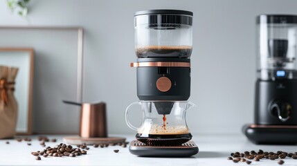 Modern coffee maker on white countertop