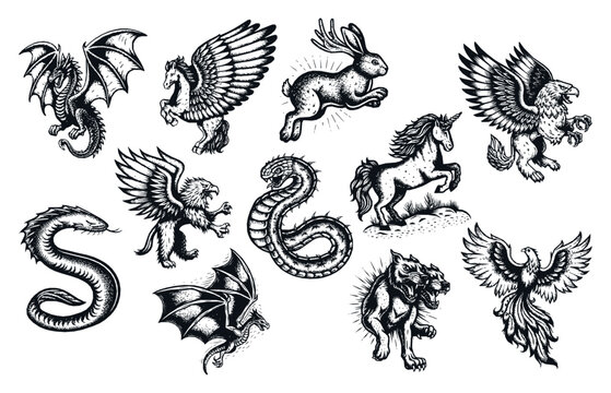 A set of 12 black and white illustrations featuring mythical creatures like dragons, griffins, jackalope, unicorn, and phoenix. Ideal for fantasy books, tattoos, posters, games, and mystical designs.