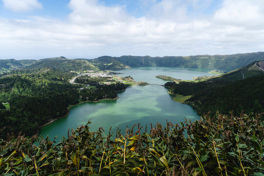 Overlook of Sete Cidades twin lakes and village