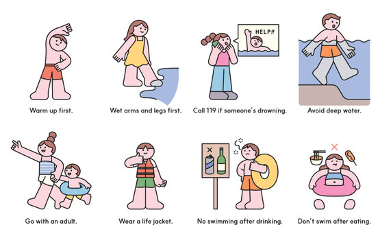 Cute cartoon illustration showing 8 swimming safety tips for kids, including warming up, using life jackets, and not swimming after eating.