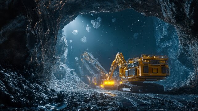 Fototapeta Advanced Mining Equipment Operating in Dark Cave with Asteroids