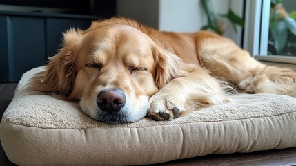 Golden Retriever Dog Relaxing Peacefully on Cozy Bed at Home