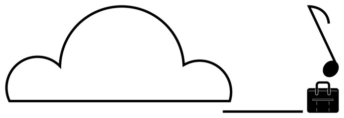 Cloud with a music note and briefcase symbolizing audio file storage, digital media archiving, productivity, and remote data sharing. Ideal for cloud storage, entertainment, collaboration