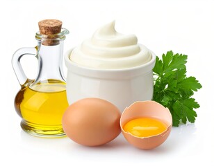 3D mayonnaise jar with egg and oil beside, cute style, on white background