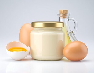 3D mayonnaise jar with egg and oil beside, cute style, on white background
