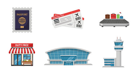 Illustration showing passport, boarding passes, luggage, duty free shop and airport terminal building