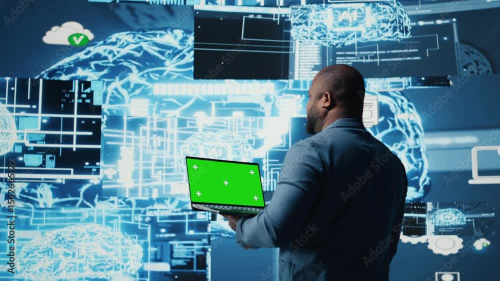 Poster modern black person in digital space uses isolated display with ai tools, representing artificial in