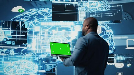 Modern black person in digital space uses isolated display with AI tools, representing artificial intelligence data structures and intelligent systems. Innovation and cybernetics for science. Camera A - Powered by Adobe