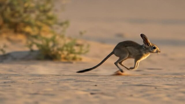 Jerboa's Desert Dash: Swift Rodent Leaps Across Sandy Dunes in Golden Light