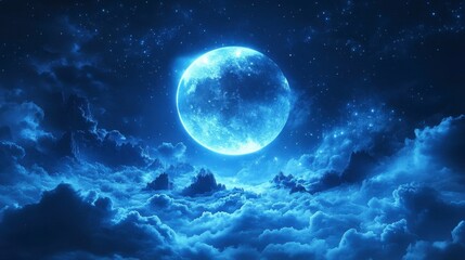Ethereal Night Sky with Brilliant Blue Moon and Celestial Clouds