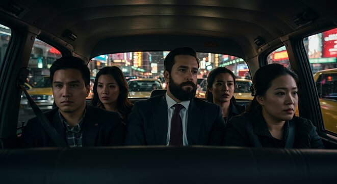 Five diverse individuals ride in a taxi at night, their expressions hinting at a shared secret or impending adventure in a bustling city.