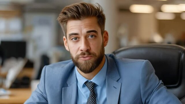 Focused Professional in Office: A confident, well-groomed professional, dressed in a tailored suit, gazes directly into the camera. The soft lighting suggests a modern office environment.