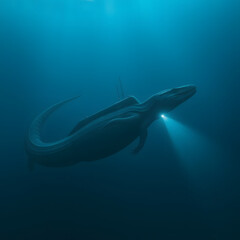 Fototapeta premium A large aquatic creature illuminated by a bright light underwater.