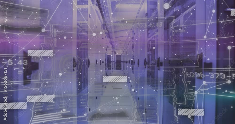 Poster on start, network overlaying rack corridor animating data blocks shifting to show data flow