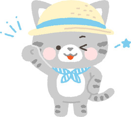 冷感タオルと帽子で暑さ対策するサバトラネコ