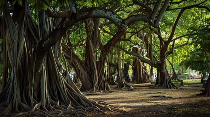 Close-up of a banyan tree with sprawling aerial roots, thick trunk, and dense green foliage, showcasing its massive canopy and intricate branch structure in a tropical garden, park, or forest under su