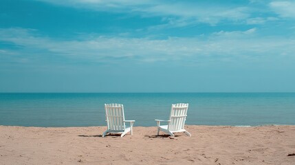 Photograph of two white chairs on the beach with a blue sky and calm sea in the background, peaceful and relaxing scene, perfect for summer vacation photos or travel, minimalist beach setting