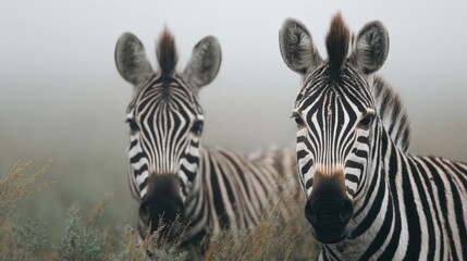 Naklejka premium Two zebras standing side by side in foggy grassland with contrasting black and white stripes highlighted against soft greenery perfect for wildlife awareness and biodiversity
