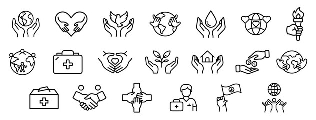 Fototapeta premium A set of 21 outline icons representing themes of charity, environmental protection, healthcare, and humanitarian aid, featuring hands, globes, hearts, medical crosses, plants, and others