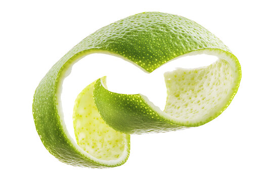 Fresh lime peel curl showcases vibrant green zest against a clean backdrop, perfect for culinary themes and adding a citrus touch to designs.