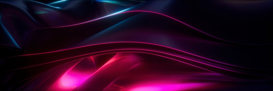 3D rendering of glowing neon abstract wavy holographic shapes