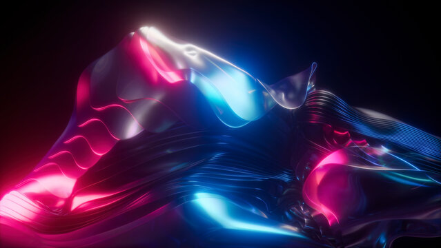 3D rendering of glowing neon abstract wavy holographic shapes