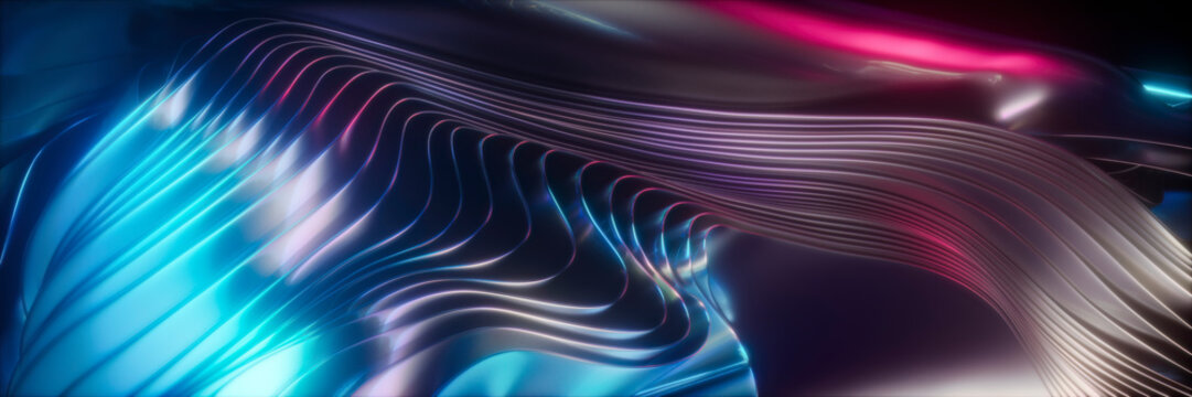 3D rendering of glowing neon abstract wavy holographic shapes