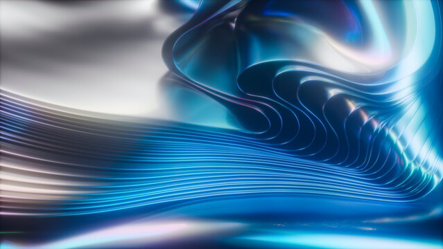 3D rendering of glowing neon abstract wavy holographic shapes