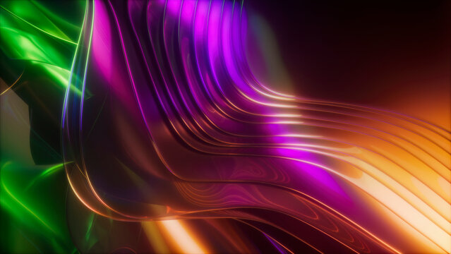 3D rendering of colorful glowing neon abstract wavy holographic shapes