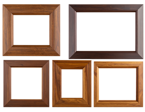 Set of Classic Wooden Picture Frames in Different Sizes, isolated on transparent background