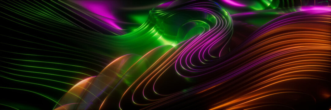 3D rendering of colorful glowing neon abstract wavy holographic shapes