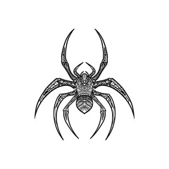 Detailed monochrome illustration of an Spider with complex geometric accents and symmetrical tribal-style elements. Ideal for tattoo ideas, design assets, or spiritual symbolism.