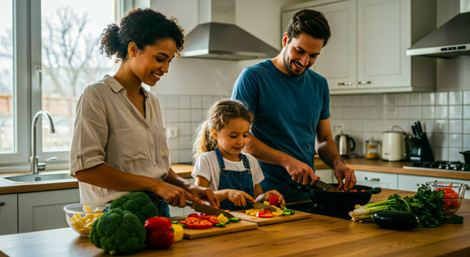 Multicultural Family Preparing Plant-Based Meal